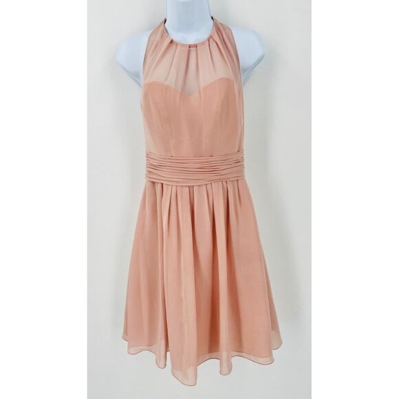 Sorella VIta Chiffon Halter Bridesmaid Dress Peach Knee Length Size 10 - Picture 1 of 9